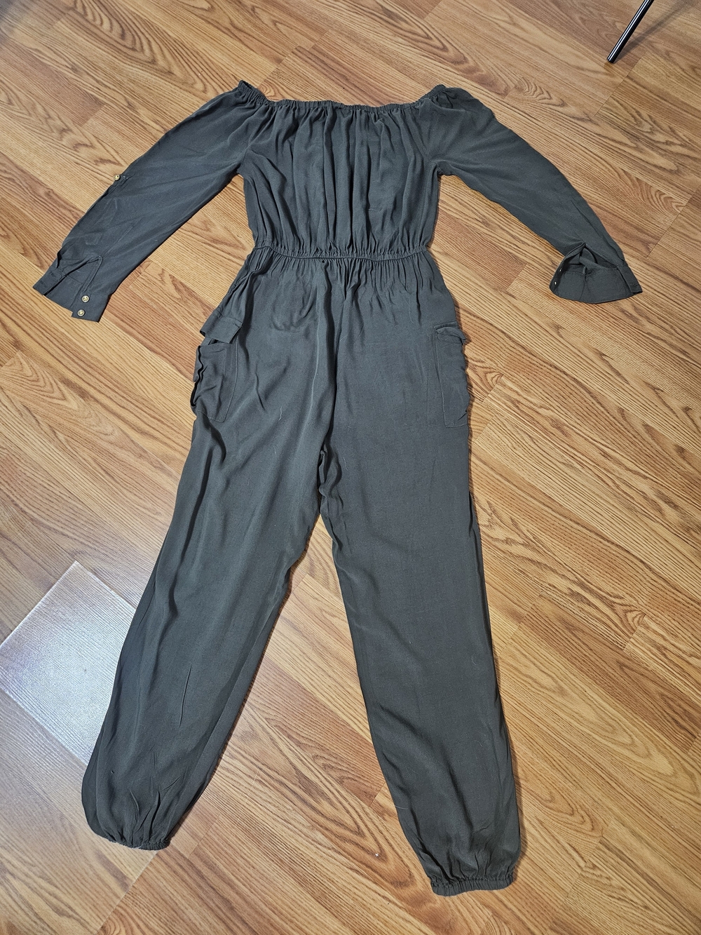 New York & Company Olive Utility Off-Shoulder Jumpsuit - Picture 3 of 8